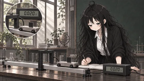 数字计时器显示挡光时间 0.020 秒，配合挡光片宽度求瞬时速度；光电门文章插图，适用挡光时间、测瞬时速度