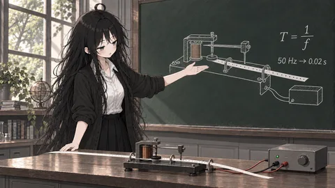 电磁打点计时器固定在桌上，纸带穿限位孔，黑板板书打点周期 T = 1/f = 0.02 s；纸带问题文章插图，适用打点计时器、计时器、纸带实验场景