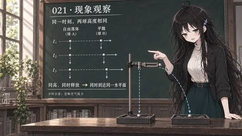 平抛小球与自由落体小球同高同时释放，同时落进沙槽，证明平抛竖直分运动是自由落体；平抛文章插图，适用对比实验、同时落地