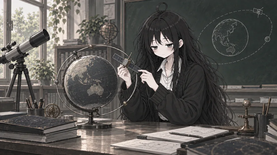 手绘物理老师坐在地球仪旁，双手拿着卫星模型演示
